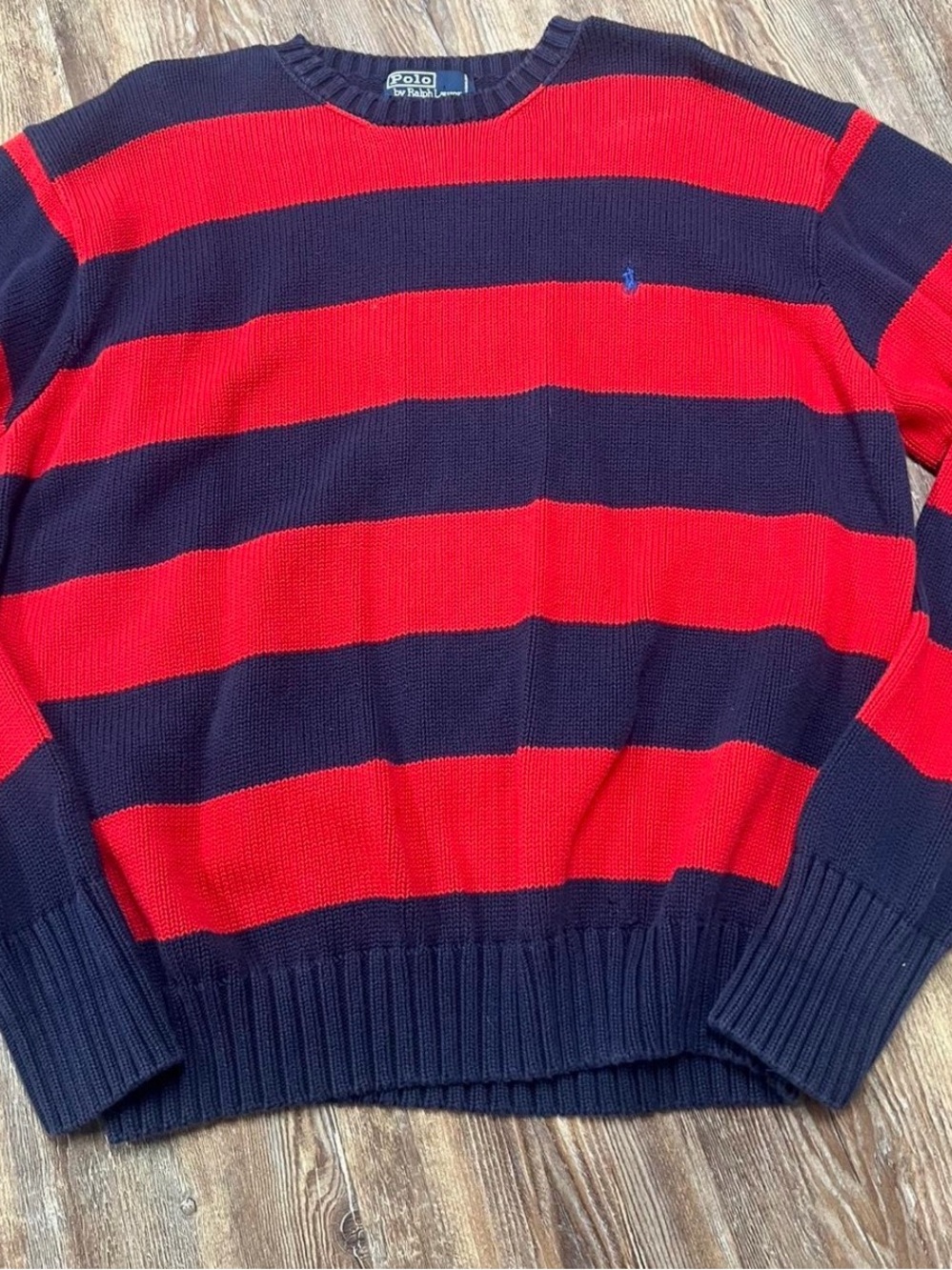 Preppy 100% cotton Polo Ralph Lauren red and navy blue striped sweater